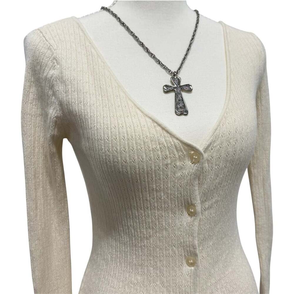 H&M Textured Ribbed Button Cardigan Size XS Cream - Picture 2 of 4